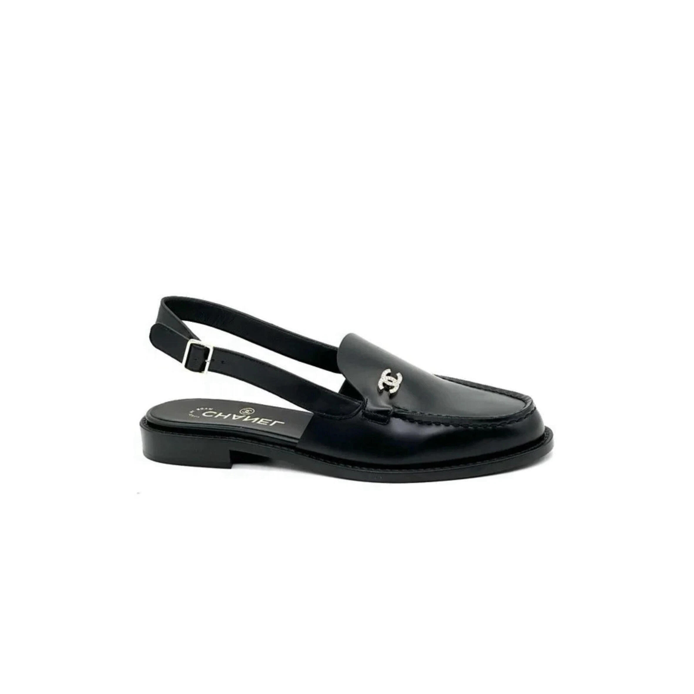Ch**el 25P CRYSTAL CC LOGO LEATHER SLINGBACK FLAT LOAFERS SANDALS Master Quality