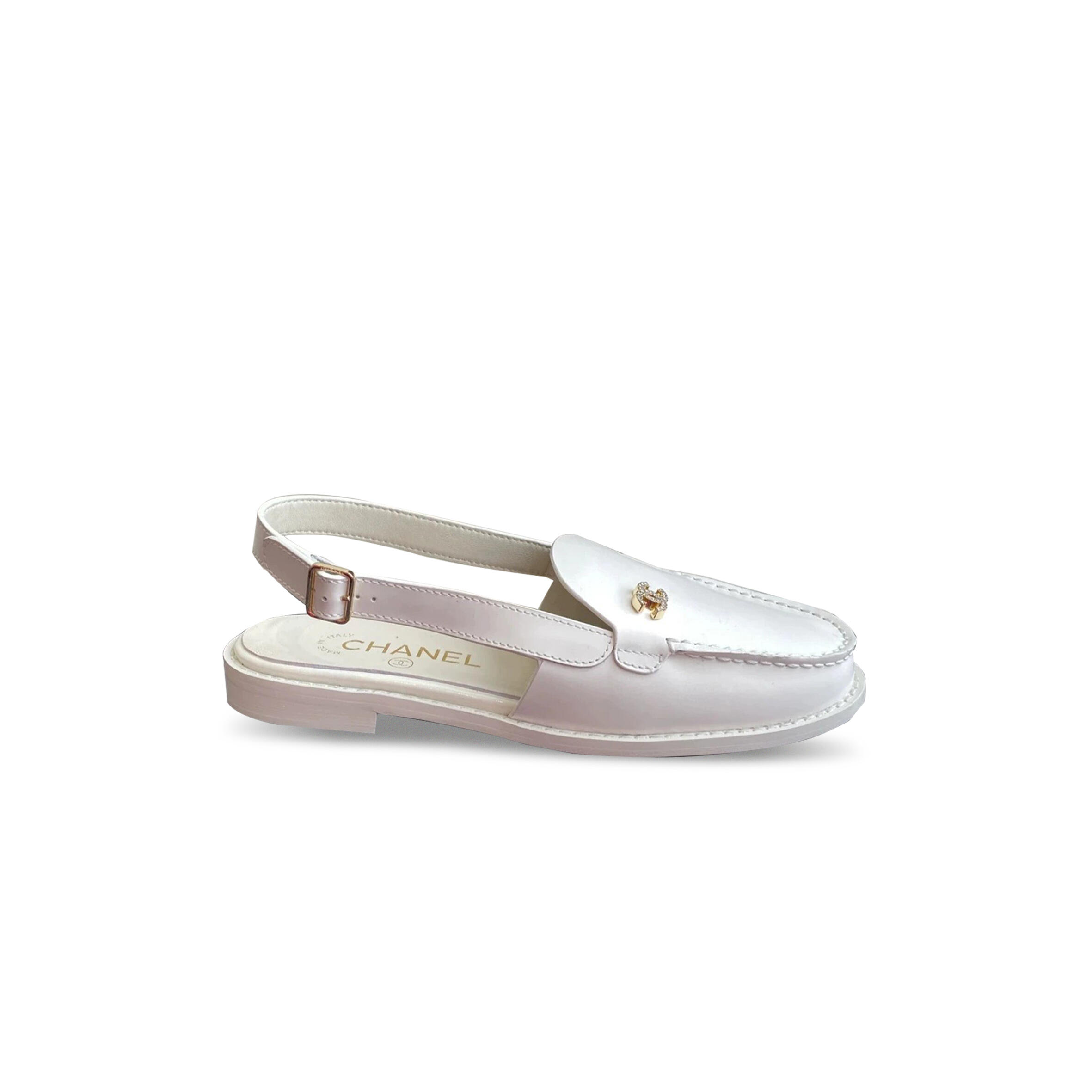 Ch**el 25P CRYSTAL CC LOGO LEATHER SLINGBACK FLAT LOAFERS SANDALS 285550 Master Quality