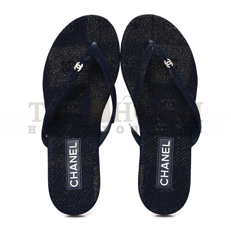 Ch**el COTTON SILK CRYSTAL CC THONG SANDALS DARK BLUE SILVER 362268 Master Quality