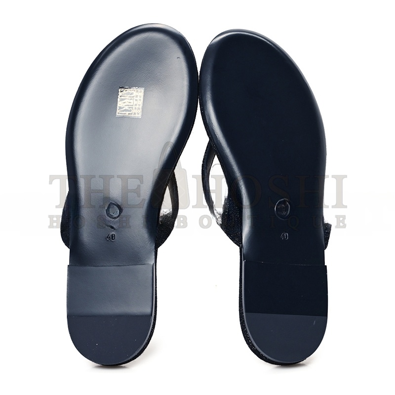 Ch**el COTTON SILK CRYSTAL CC THONG SANDALS DARK BLUE SILVER 362268 Master Quality