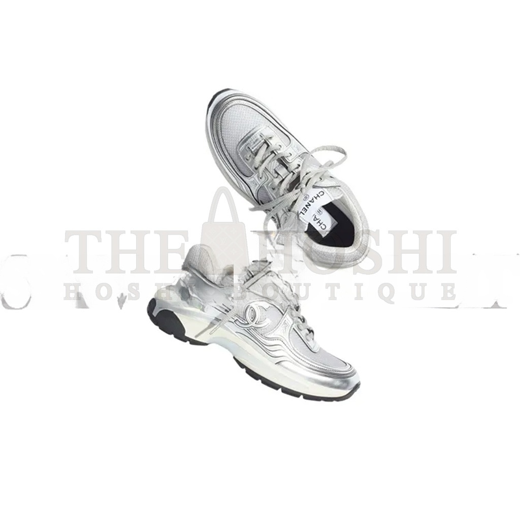 Ch**el  FABRIC LAMINATED CALFSKIN STRETCH CC SNEAKERS WHITE SILVER G39792 Master Quality