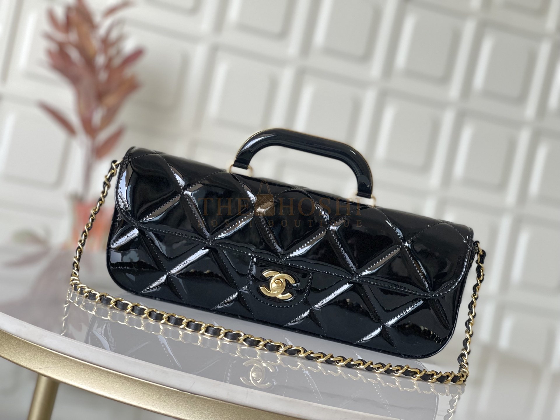 Ch**el CH 25K Patent Flap Handle Bag AS5807 Black 12×29×5 cm